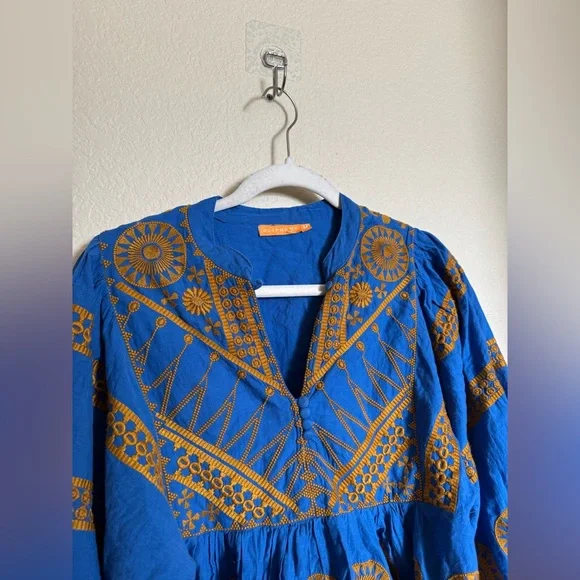 Oliphant Mandarin Balloon Sleeve Top Sz Medium Soleil Blue Cotton Boho Flowy - Picture 5 of 9